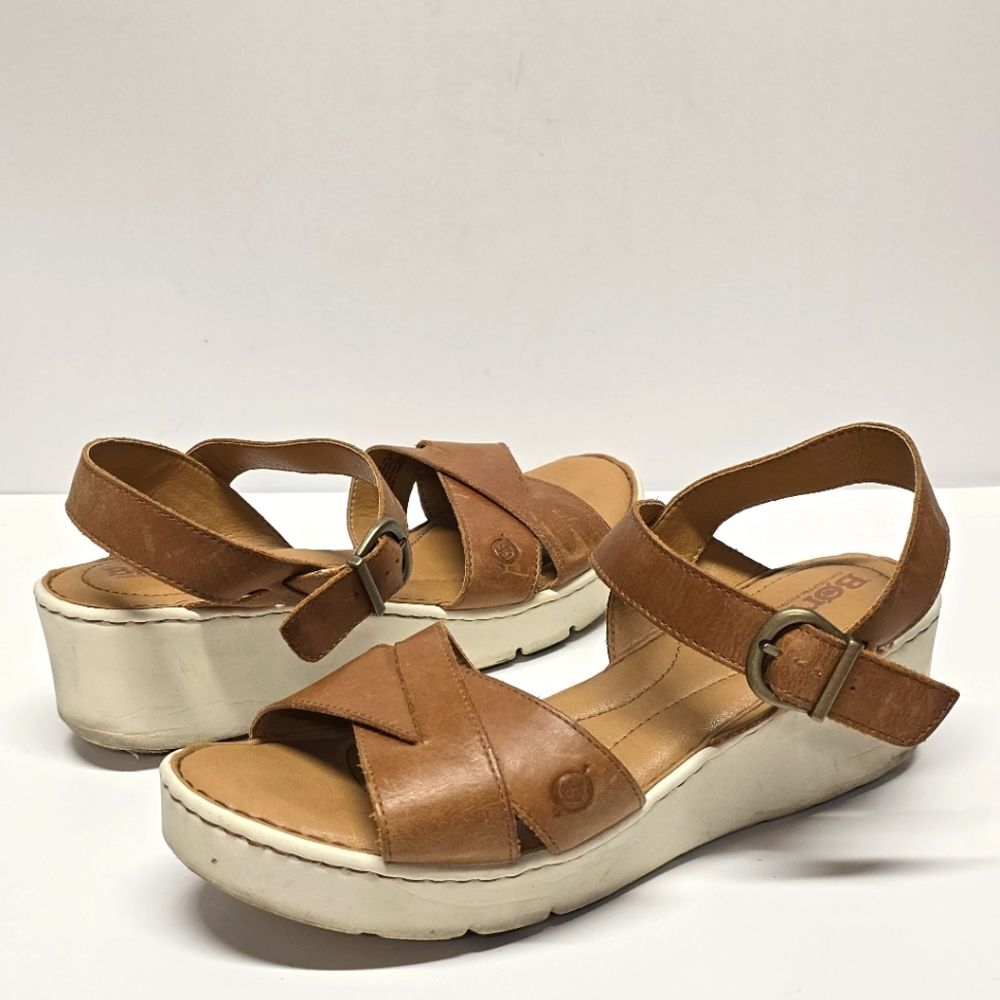 Born Genie Tan Leather Ankle Strap Platform Wedge Sandals Women's 10